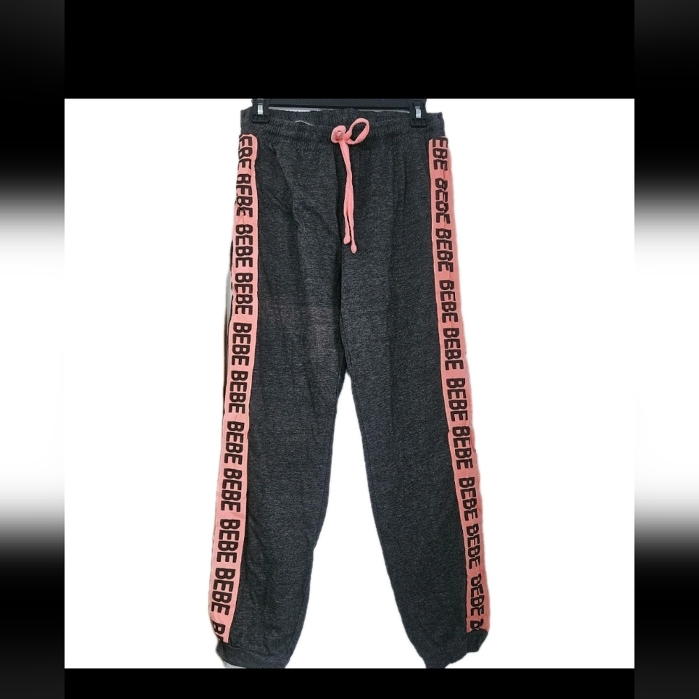 Bebe 3 Piece Set  Charcoal Pajama Pants Sleep Set with Pink Logo Stripes